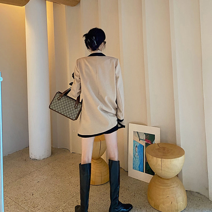 Women's khaki splicing blazer with suit collar