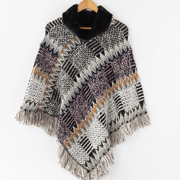 Women's knit shawl with gray jacquard grid pattern