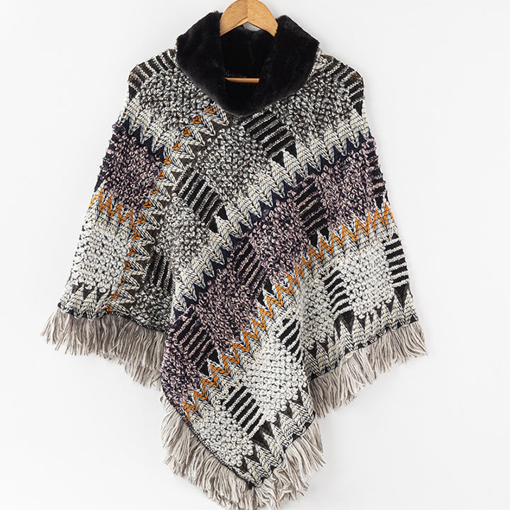 Women's knit shawl with gray jacquard grid pattern