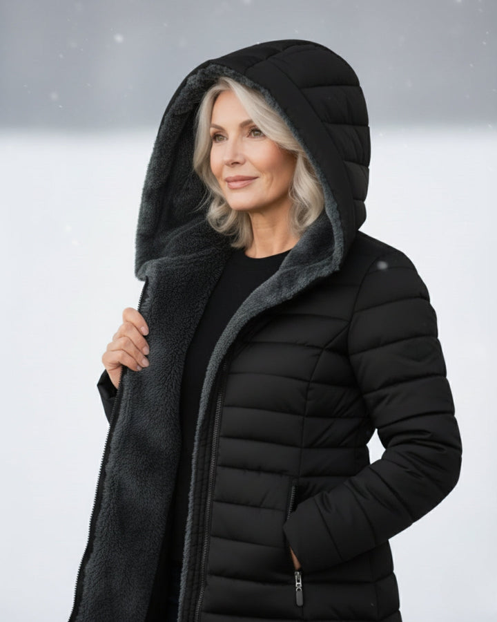 Women's fleece-lined A-line puffer coat front view