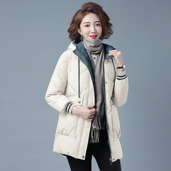 Women's mid-length puffer jacket with zip front