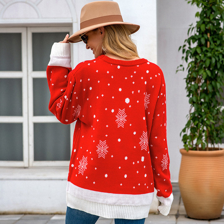 Women's loose pullover sweater with elk jacquard pattern