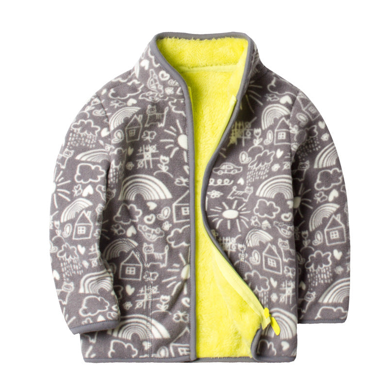 Printed polar fleece jacket cardigan with long sleeves and open front