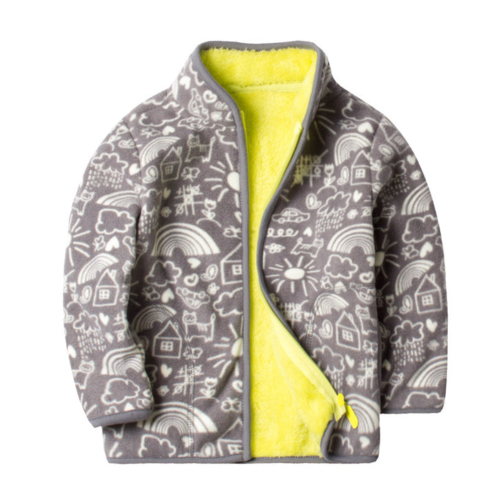 Printed polar fleece jacket cardigan with long sleeves and open front