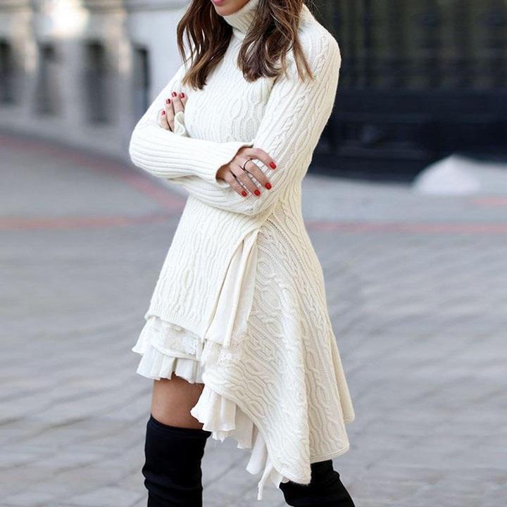 White knit sweater dress with long sleeves on model