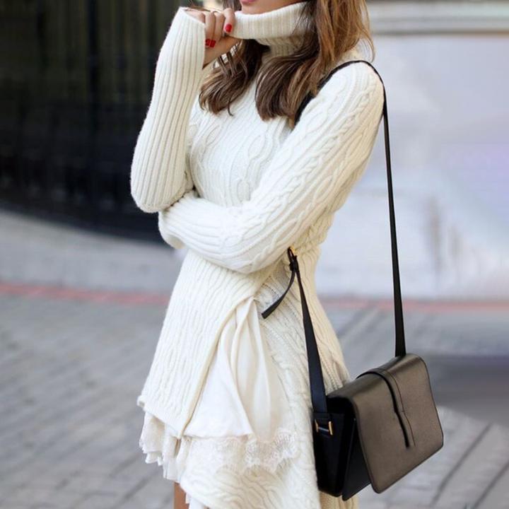 White knit sweater dress with long sleeves on model