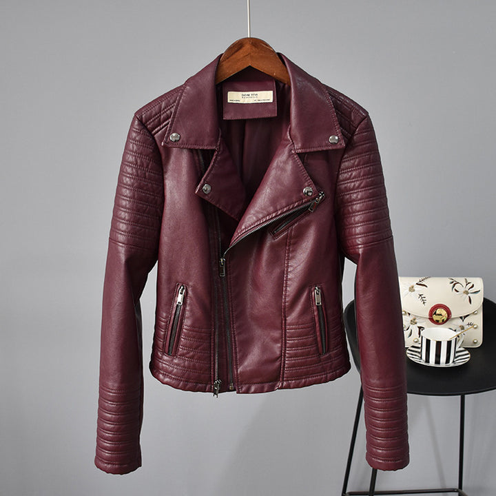 Women's faux leather jacket with suit collar