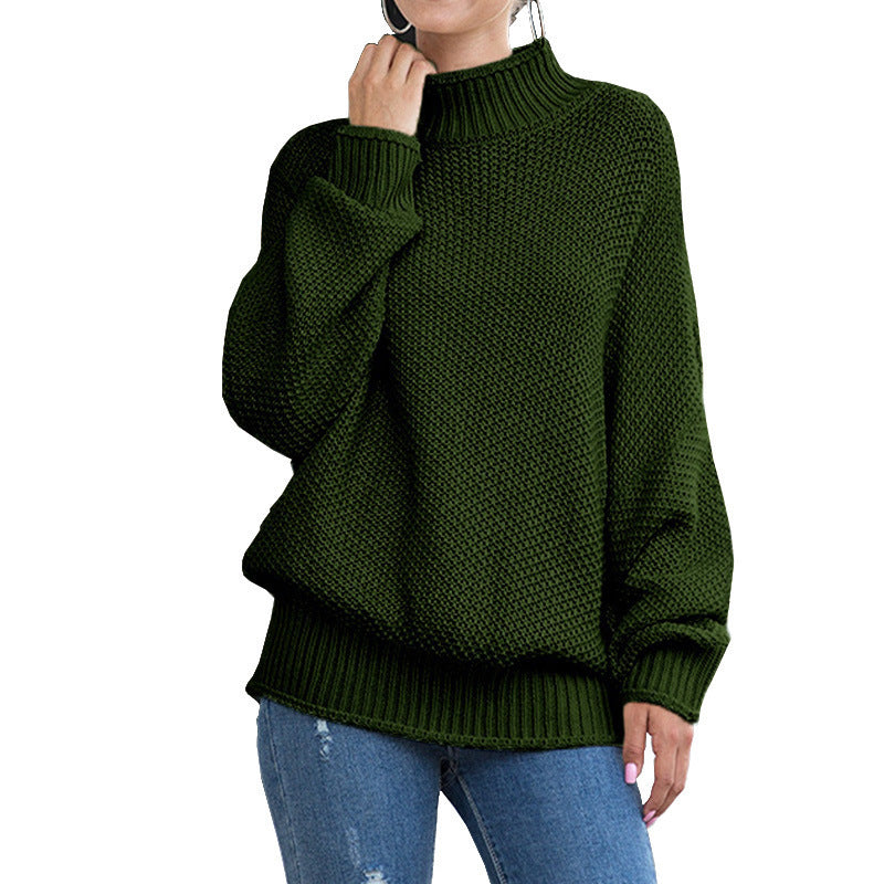Women's loose turtleneck knit sweater front view