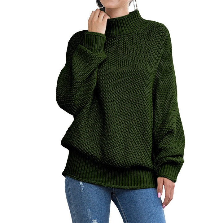 Women's loose turtleneck knit sweater front view