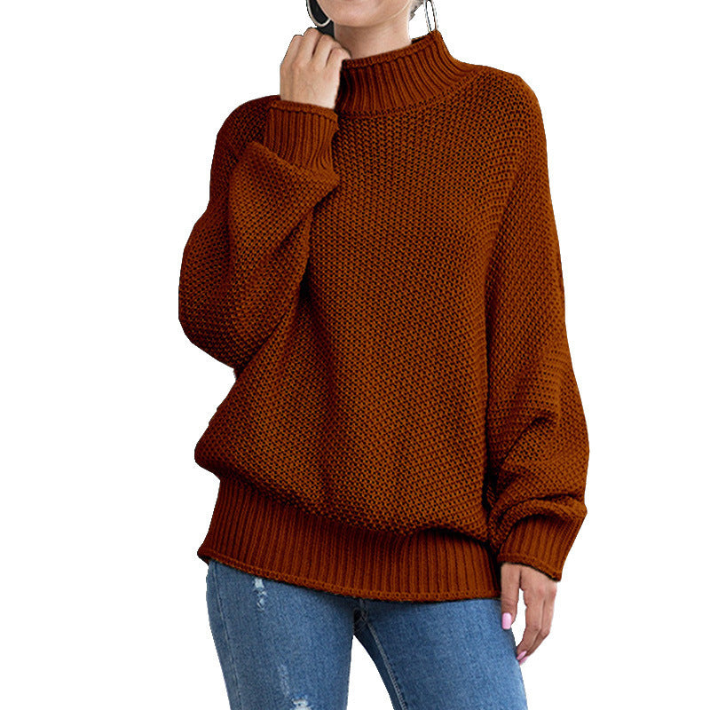 Women's loose turtleneck knit sweater front view
