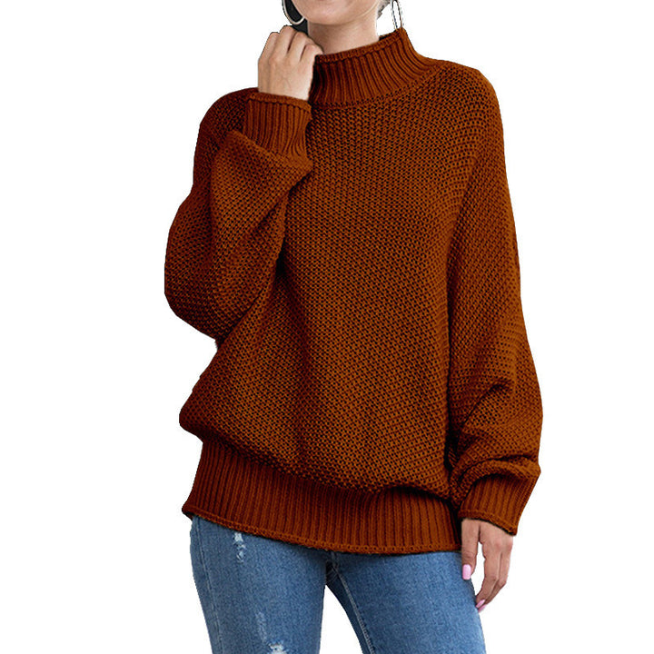 Women's loose turtleneck knit sweater front view