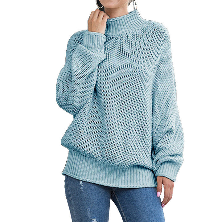 Women's loose turtleneck knit sweater front view