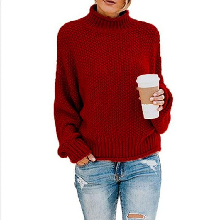 Women's loose turtleneck knit sweater front view