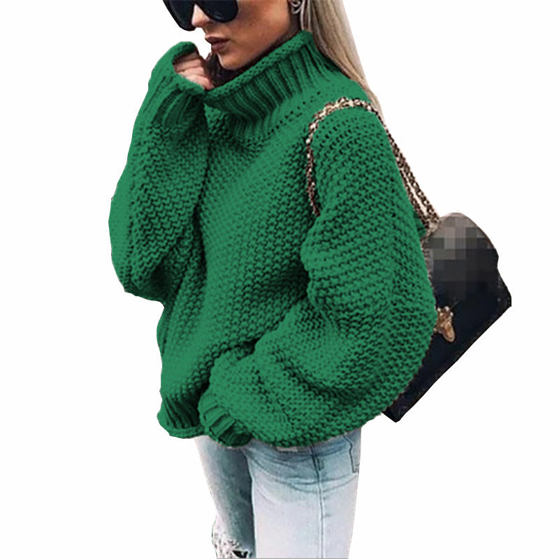 Women's loose turtleneck knit sweater front view