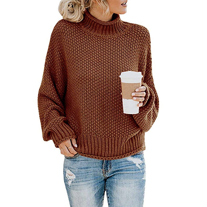 Women's loose turtleneck knit sweater front view