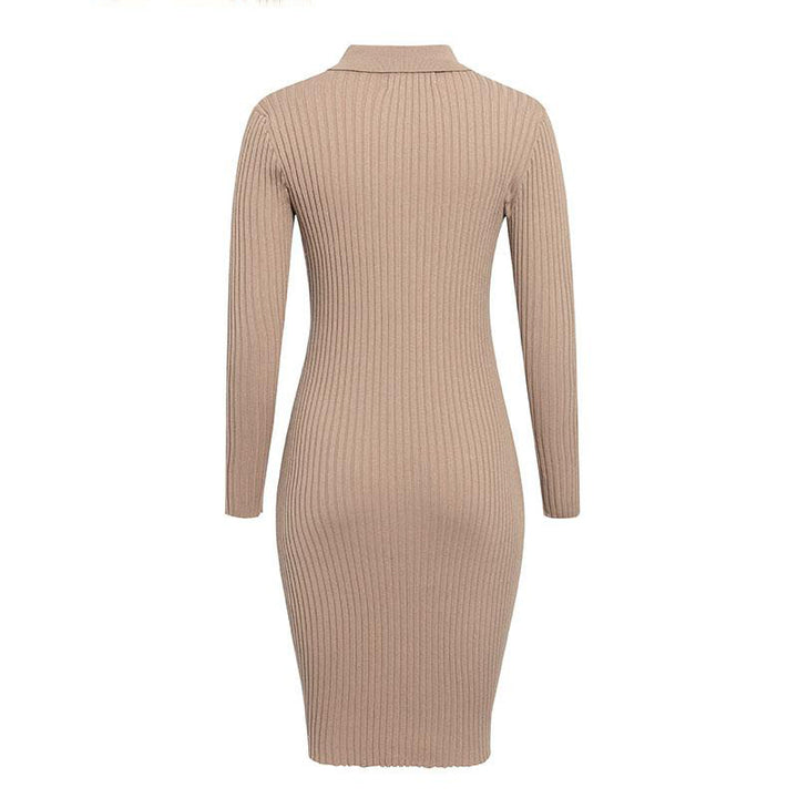 Woman wearing brown knit V-neck long sleeve sweater dress