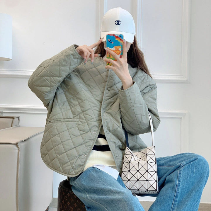 Women's diamond plaid puffer jacket with collarless neckline