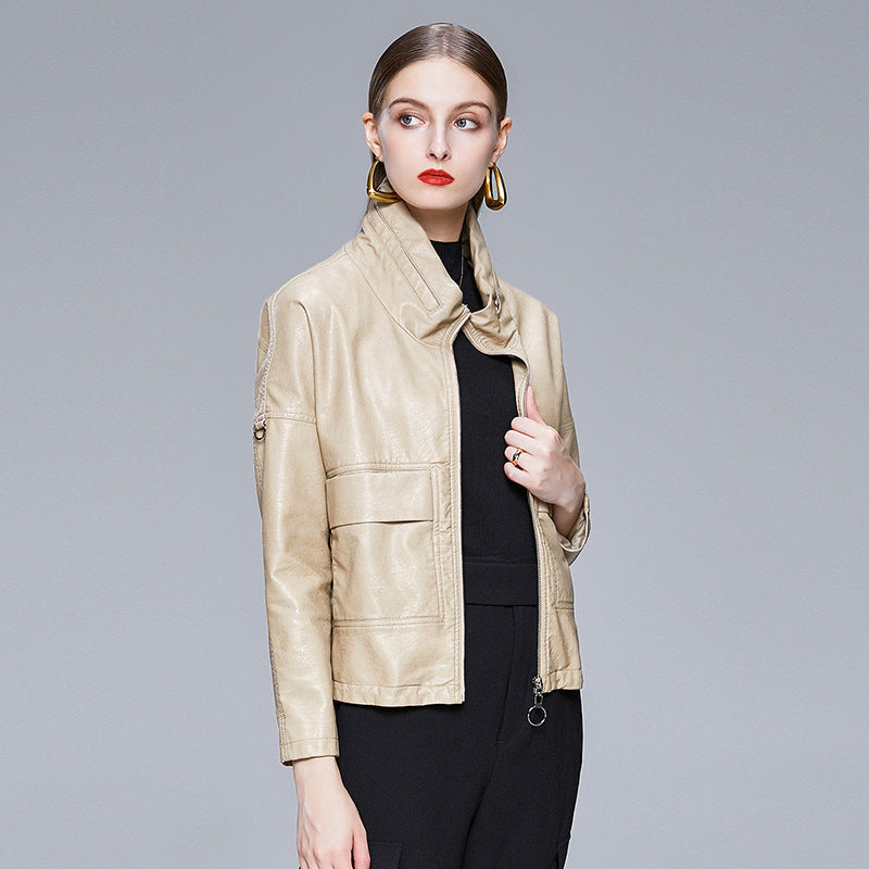 Women's black faux leather jacket with lapel collar