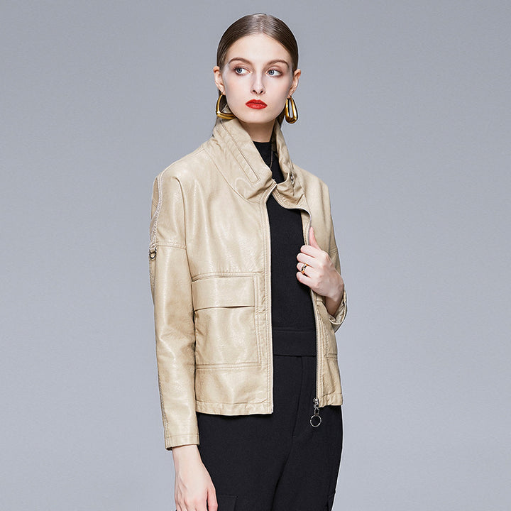 Women's black faux leather jacket with lapel collar