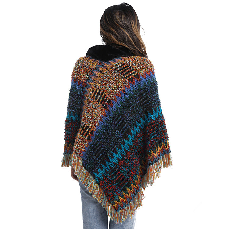 Women's knit shawl with gray jacquard grid pattern