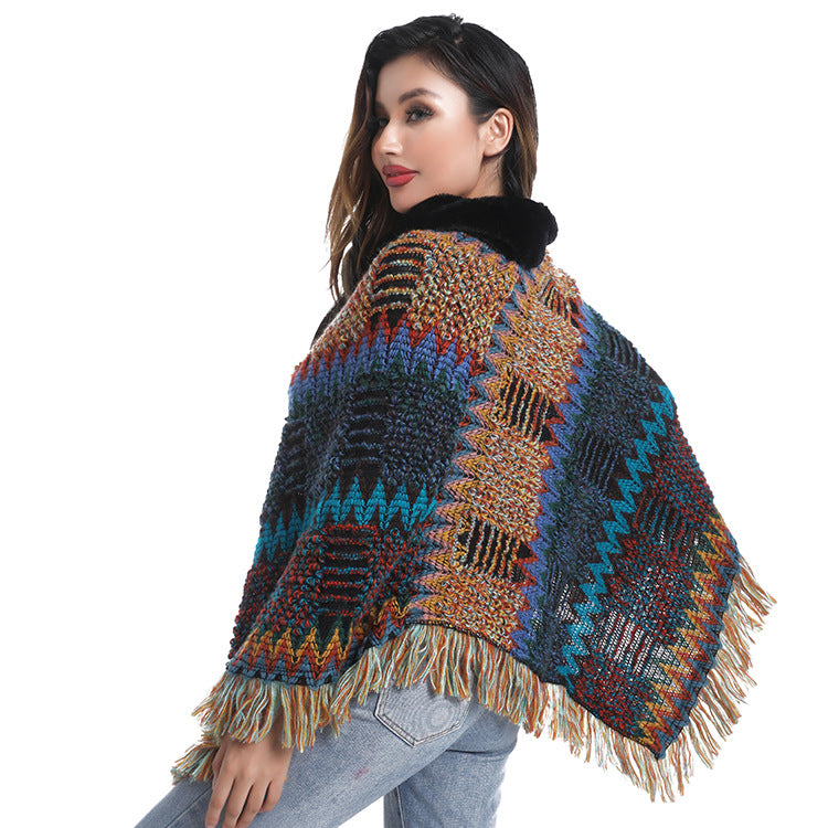 Women's knit shawl with gray jacquard grid pattern