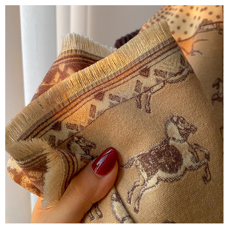 Women's retro jacquard tassel winter scarf