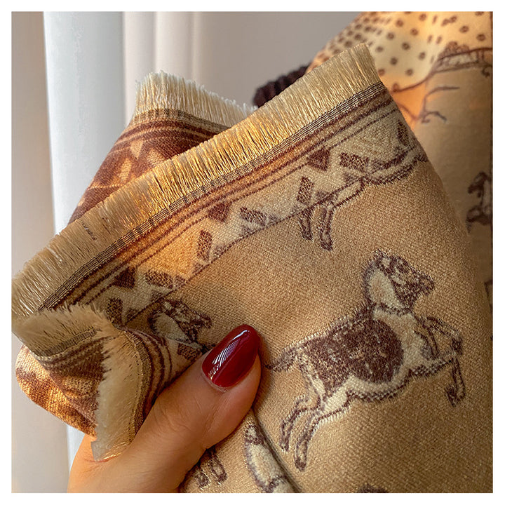 Women's retro jacquard tassel winter scarf