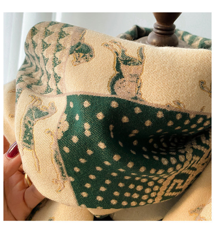 Women's retro jacquard tassel winter scarf