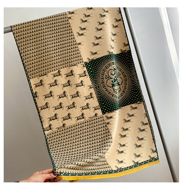 Women's retro jacquard tassel winter scarf