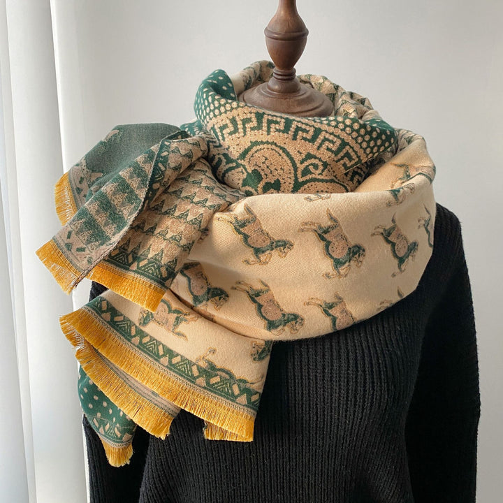 Women's retro jacquard tassel winter scarf