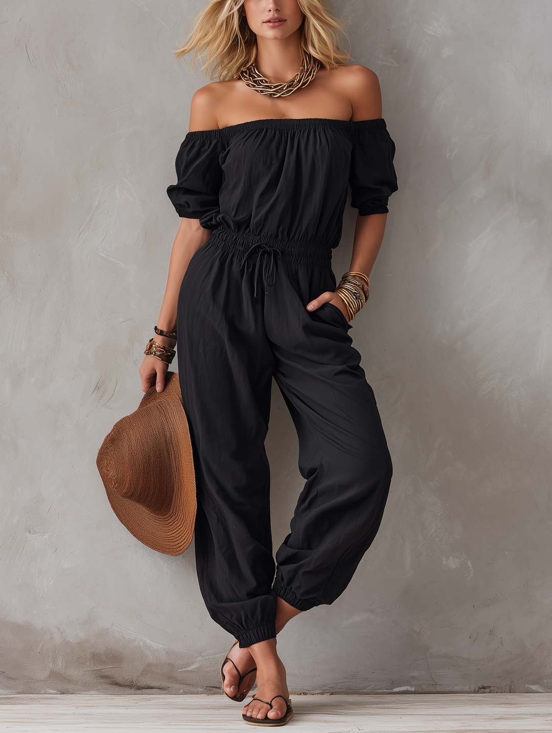 Black off-shoulder sleeveless jumpsuit for women