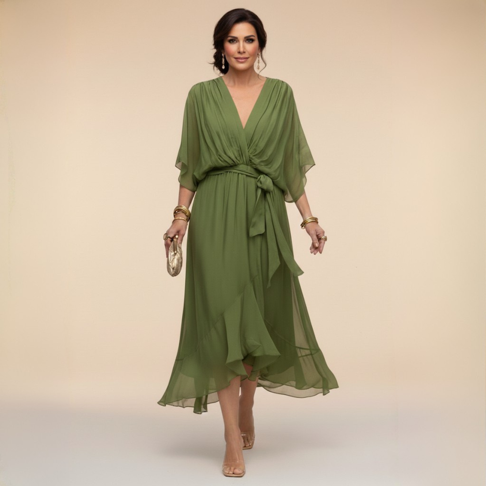 Woman wearing flowy V-neck dress outdoors