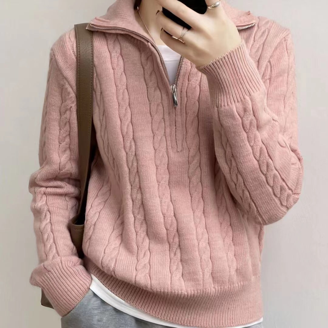 Marigold | Women's Cable-Knit Zip-Front Funnel-Neck Cropped Sweater