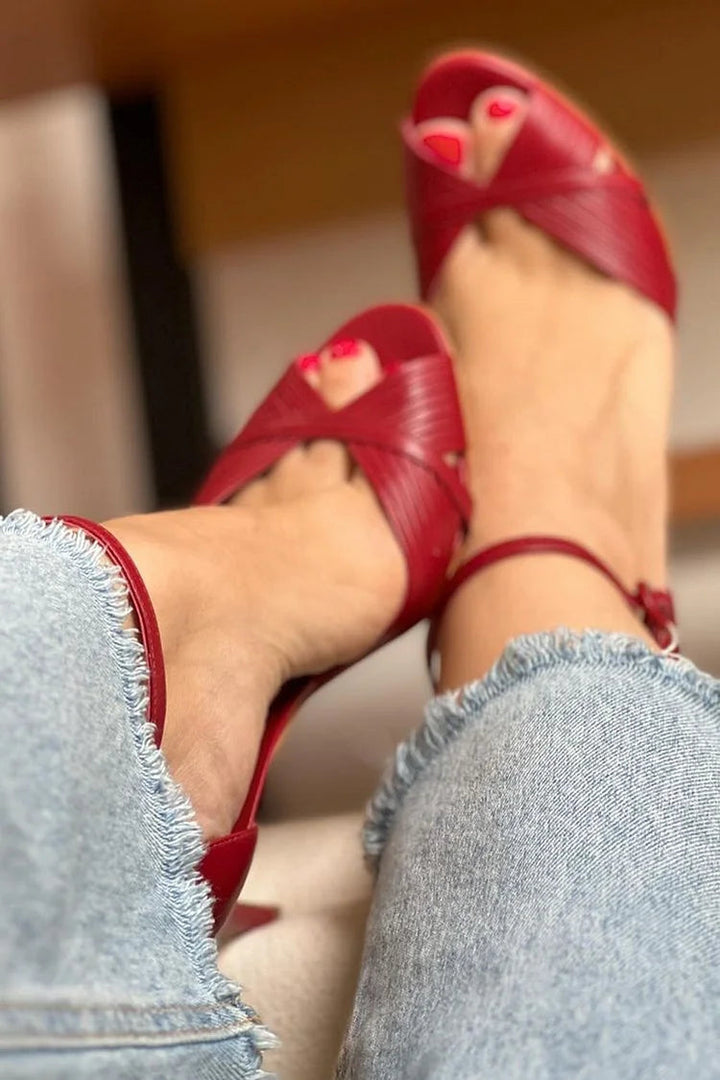Red stiletto heel sandal with braided detailing for women