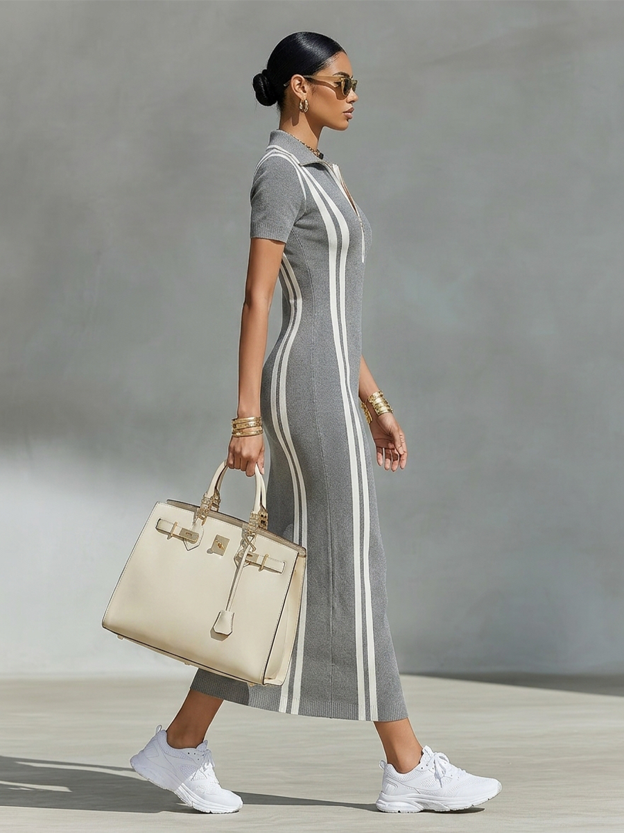 Woman wearing gray bodycon maxi dress with zip polo collar
