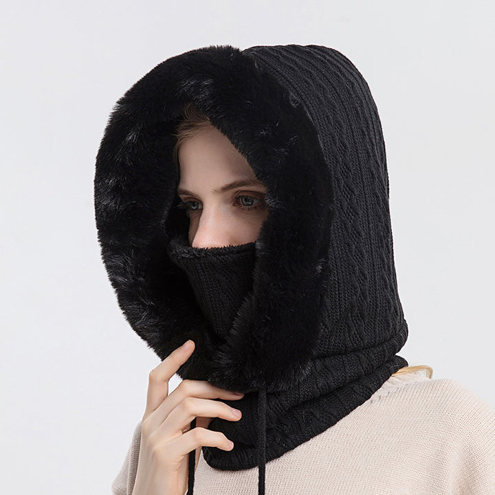 Women's hooded knit winter hat with scarf