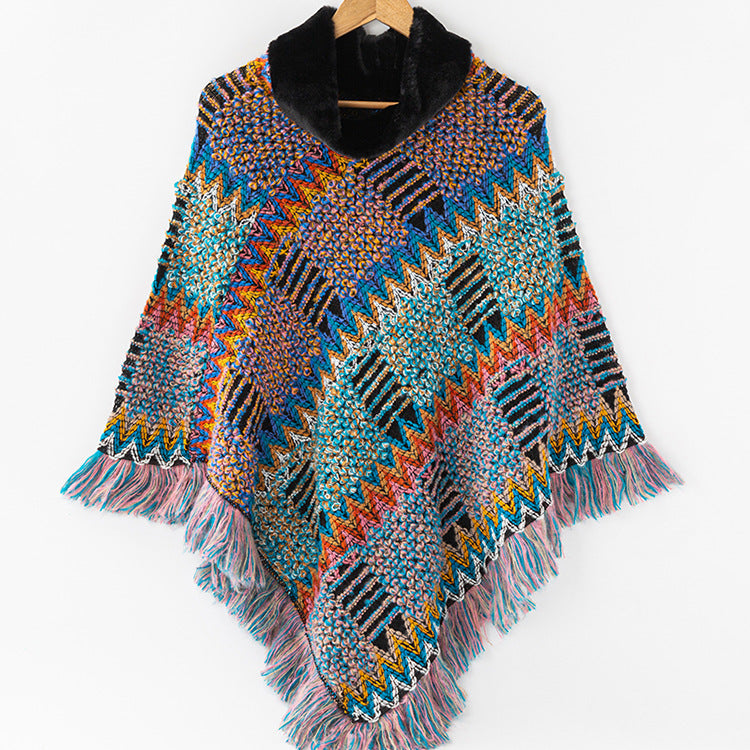 Women's knit shawl with gray jacquard grid pattern