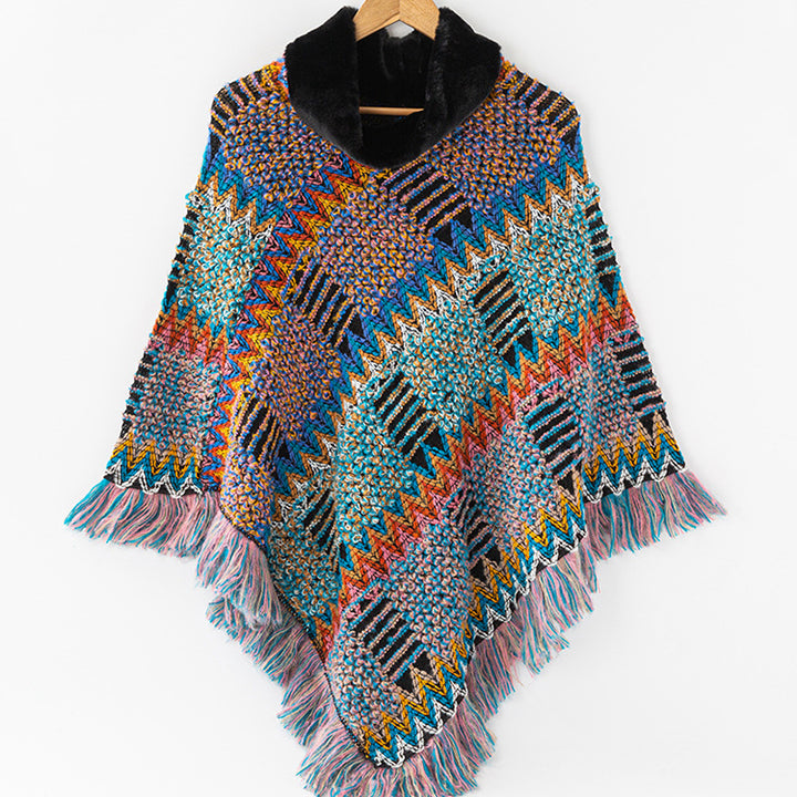 Women's knit shawl with gray jacquard grid pattern