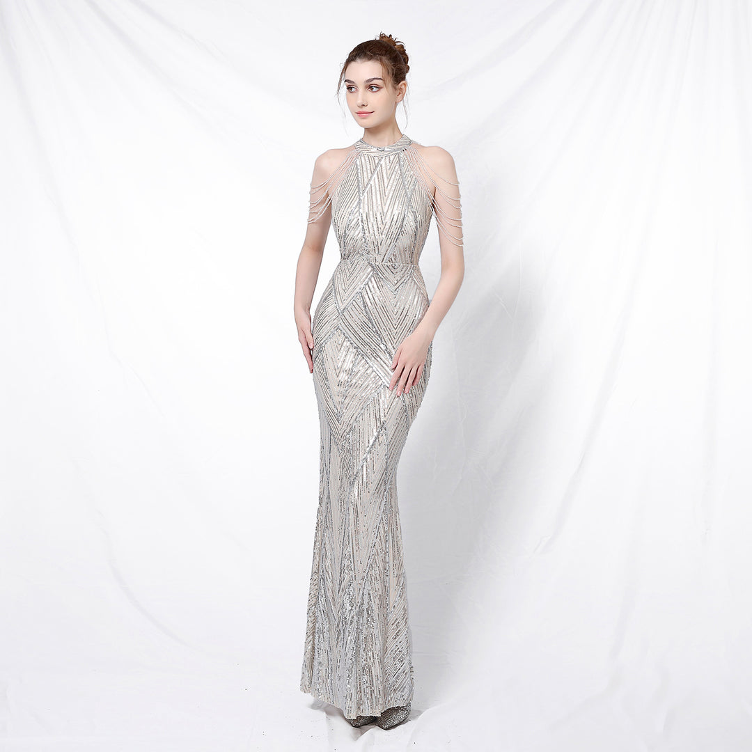 Women's backless long sequin evening dress