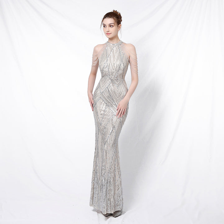 Women's backless long sequin evening dress