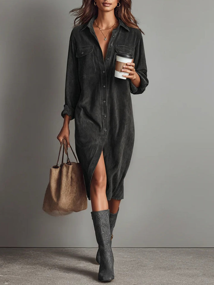 Woman wearing ribbed midi shirt dress with chest pockets