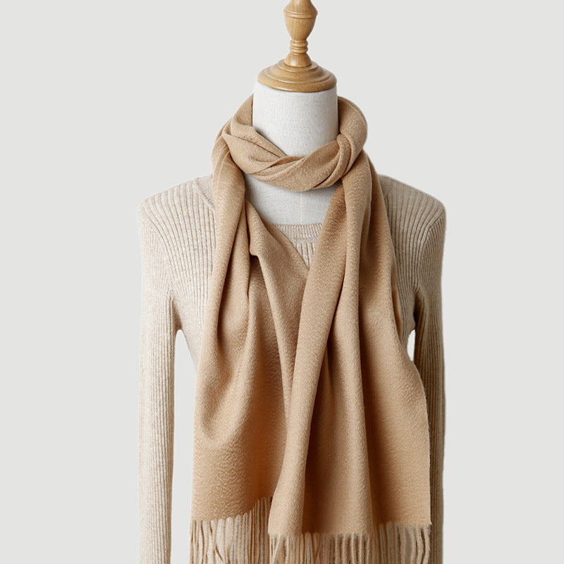 Women's solid color cashmere tassel scarf with long fringe
