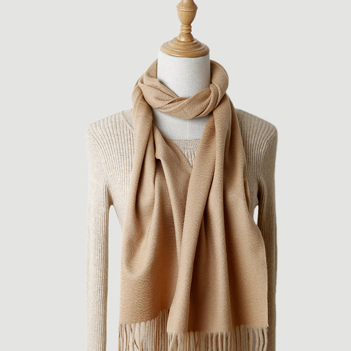 Women's solid color cashmere tassel scarf with long fringe