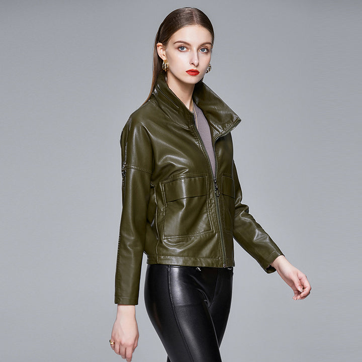 Women's black faux leather jacket with lapel collar