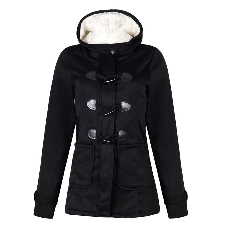 Woman in hooded double-breasted loose-fit coat