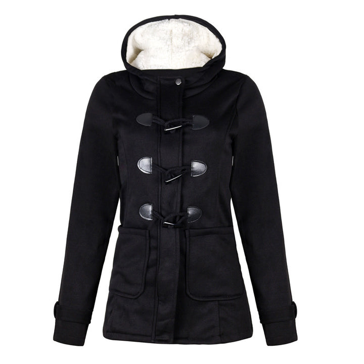 Woman in hooded double-breasted loose-fit coat