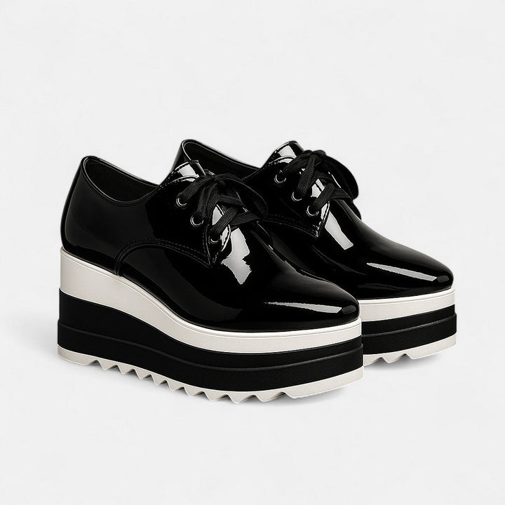 Women's black platform derby shoes with square toe and lace-up