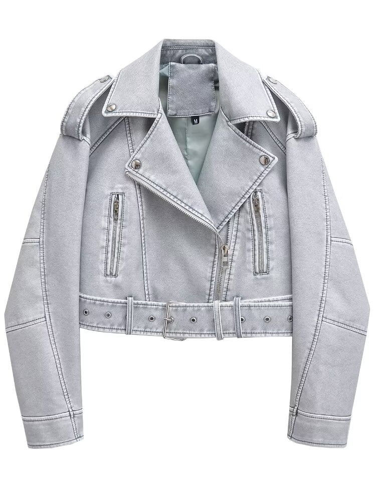 Women's washed leather moto jacket in solid color