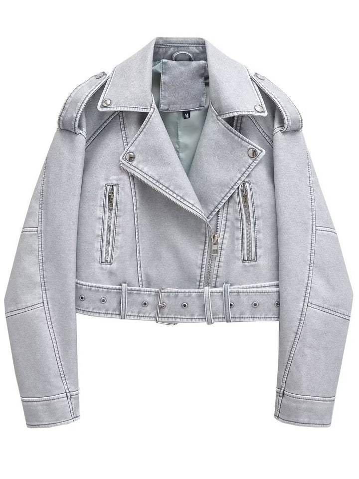 Women's washed leather moto jacket in solid color