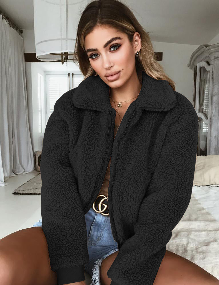 Women's lapel zip winter coat front view
